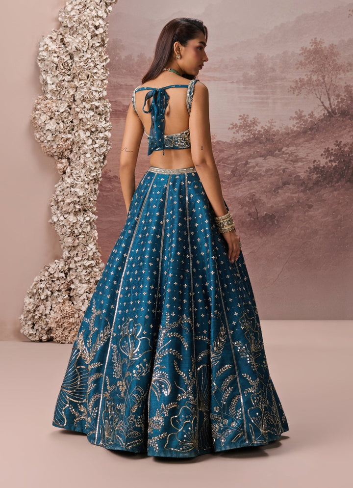 Parul Gandhi Teal Blue Raw Silk Embroidered LehengaFabilicious Fashion
