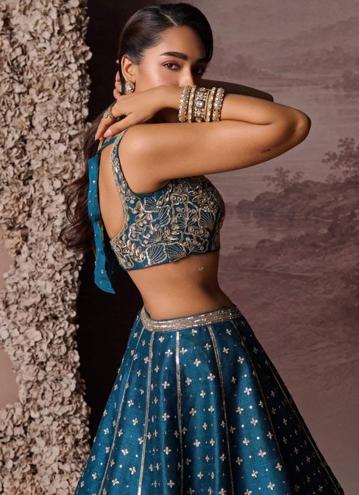 Parul Gandhi Teal Blue Raw Silk Embroidered LehengaFabilicious Fashion