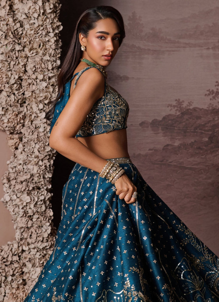 Parul Gandhi Teal Blue Raw Silk Embroidered LehengaFabilicious Fashion