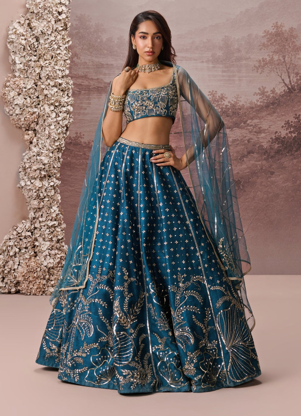 Parul Gandhi Teal Blue Raw Silk Embroidered LehengaFabilicious Fashion
