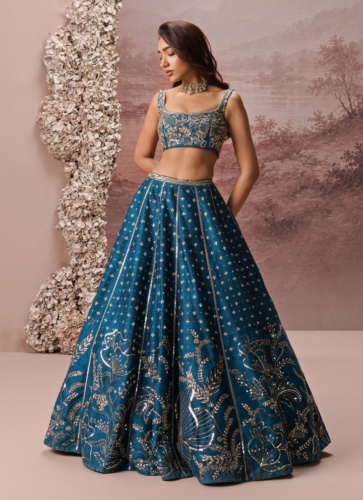 Parul Gandhi Teal Blue Raw Silk Embroidered LehengaFabilicious Fashion