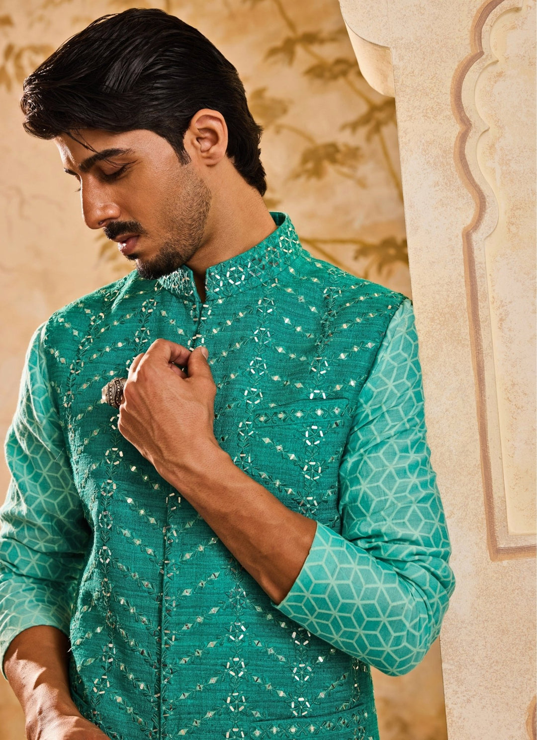 Teal Blue Raw Silk Nehru Jacket Set Nitika Gujral - Men - Fabilicious Fashion