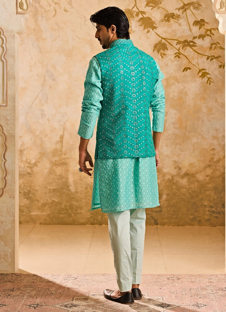 Teal Blue Raw Silk Nehru Jacket Set Nitika Gujral - Men - Fabilicious Fashion