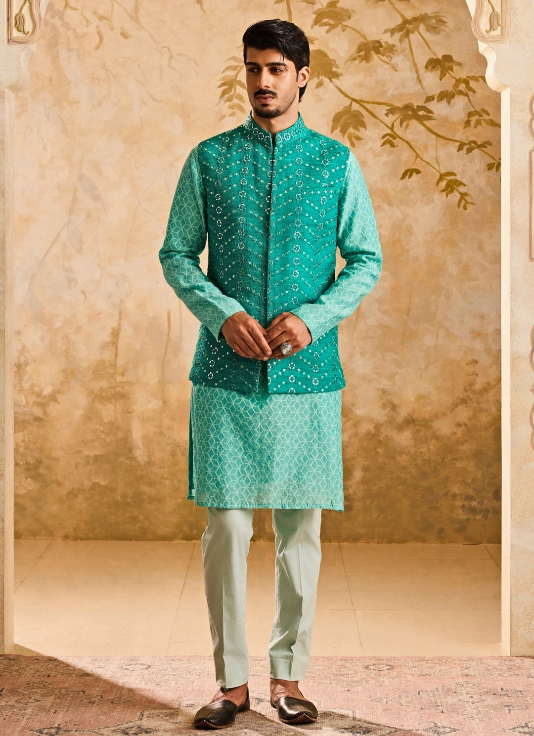Teal Blue Raw Silk Nehru Jacket Set Nitika Gujral - Men - Fabilicious Fashion