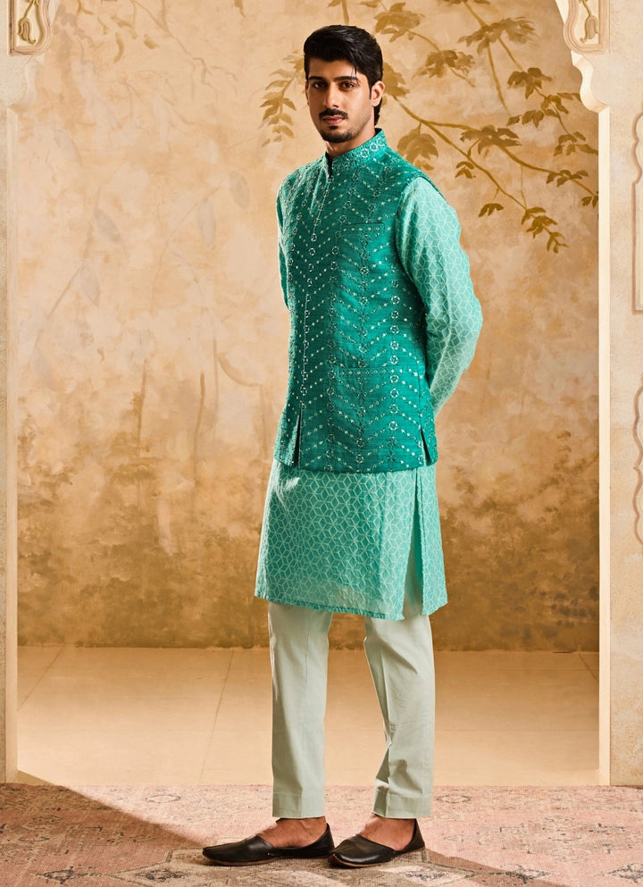 Teal Blue Raw Silk Nehru Jacket Set Nitika Gujral - Men - Fabilicious Fashion