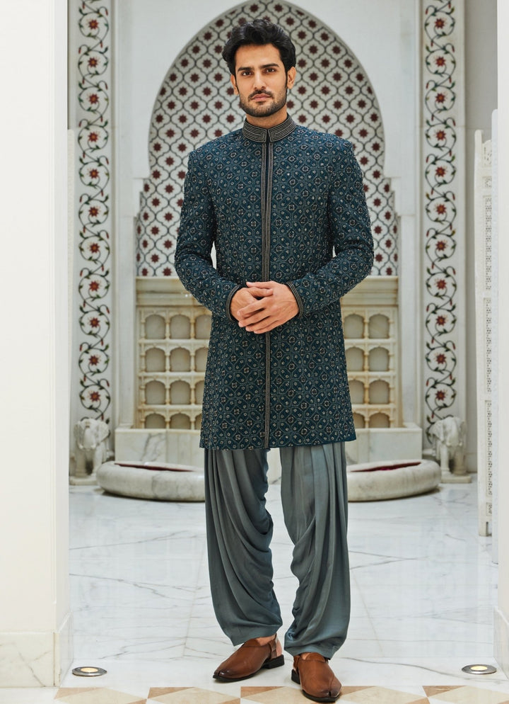 Teal Blue Raw Silk Sherwani Set Nitika Gujral - Men - Fabilicious Fashion