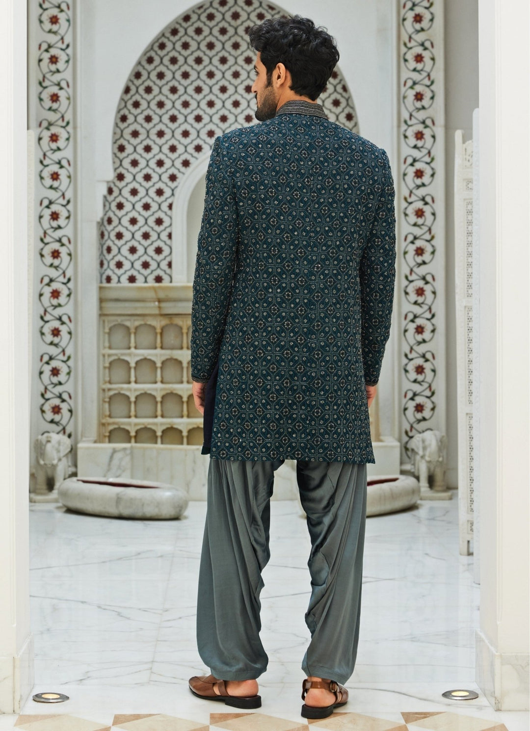 Teal Blue Raw Silk Sherwani Set Nitika Gujral - Men - Fabilicious Fashion