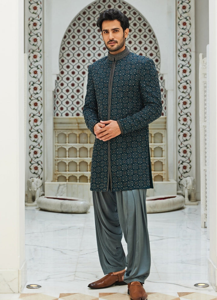 Teal Blue Raw Silk Sherwani Set Nitika Gujral - Men - Fabilicious Fashion
