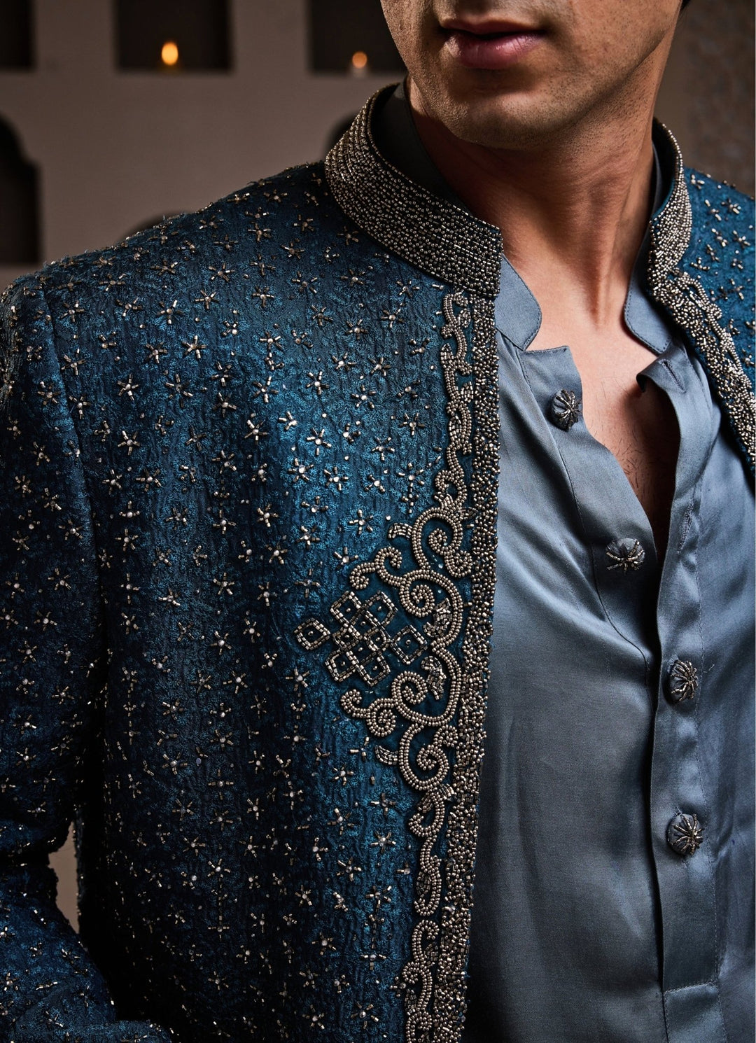 Teal Blue Raw Silk Short Jacket Set Nitika Gujral - Men - Fabilicious Fashion