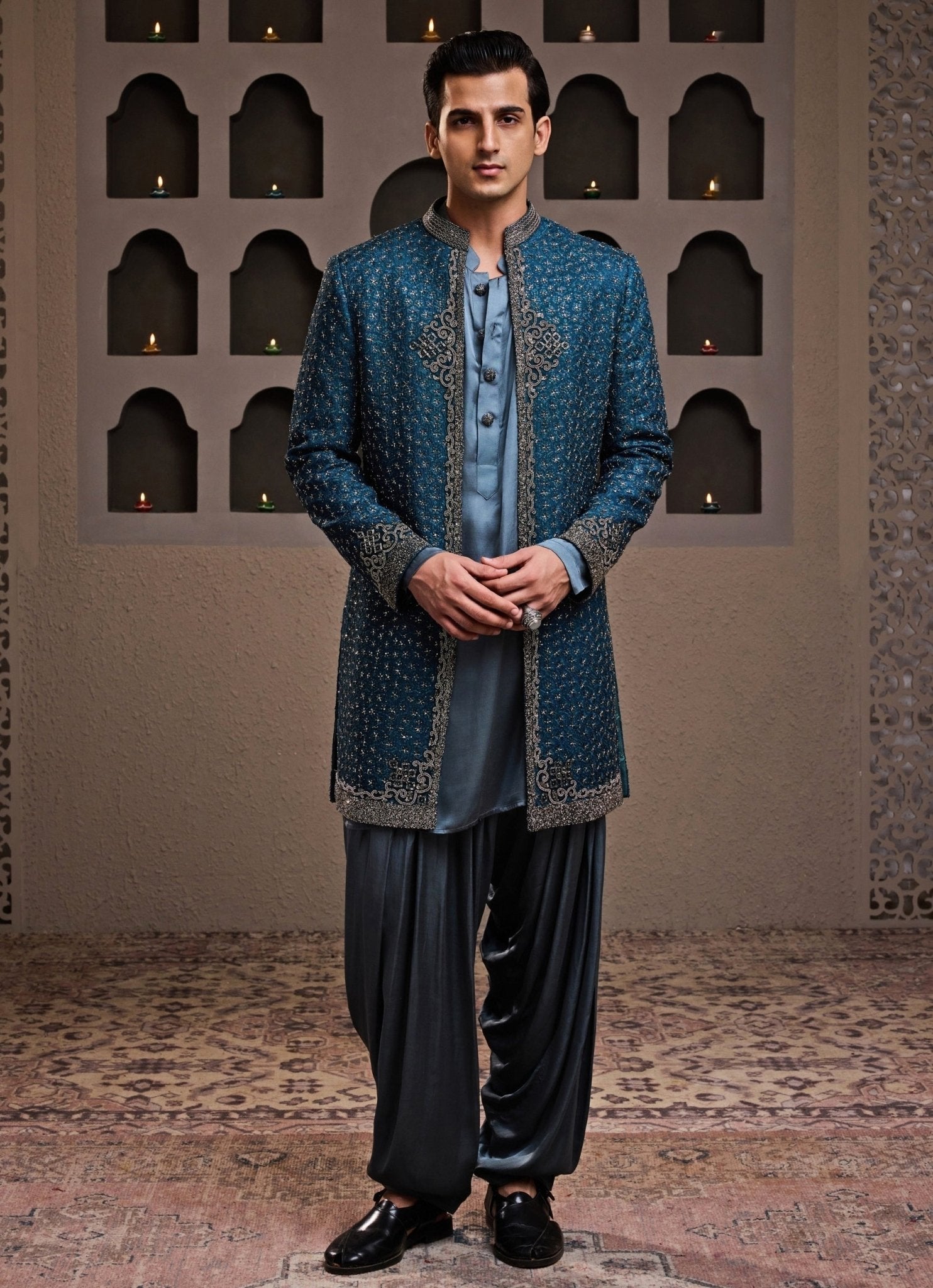 Teal blue raw silk short jacket set for an anand karaj by Nitika Gujral, made to measure