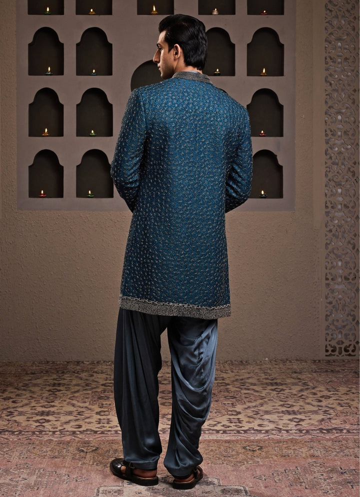 Teal Blue Raw Silk Short Jacket Set Nitika Gujral - Men - Fabilicious Fashion