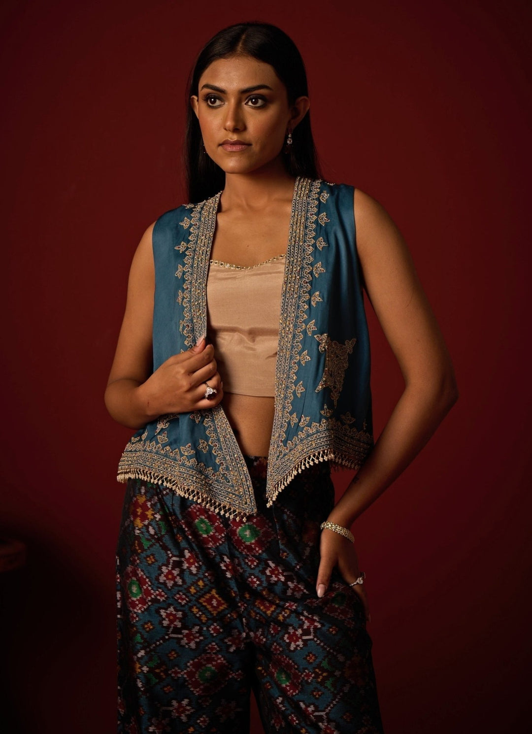 Teal Blue Satin Silk Palazzo Set With Gilet Twenty Nine - Fabilicious Fashion