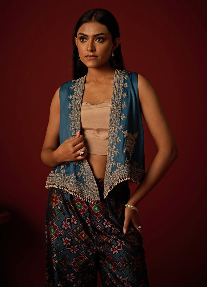 Teal Blue Satin Silk Palazzo Set With Gilet Twenty Nine - Fabilicious Fashion