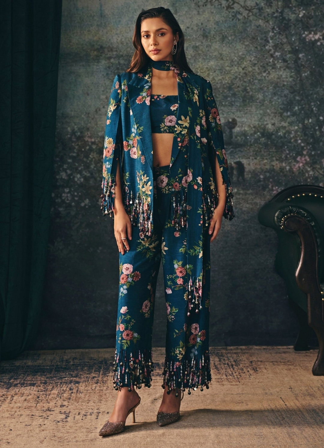 Teal Blue Silk Blazer Pants Set Mani Bhatia - Fabilicious Fashion