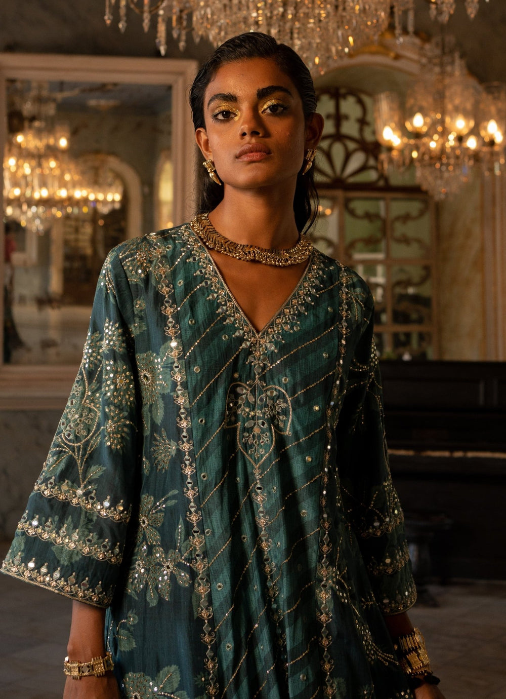 Teal Blue Silk Kurta Pants Set Paulmi and Harsh - Fabilicious Fashion