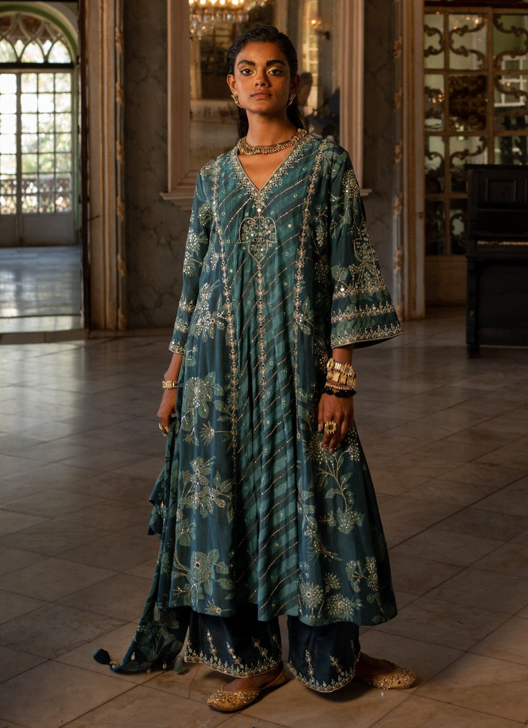 Teal Blue Silk Kurta Pants Set Paulmi and Harsh - Fabilicious Fashion