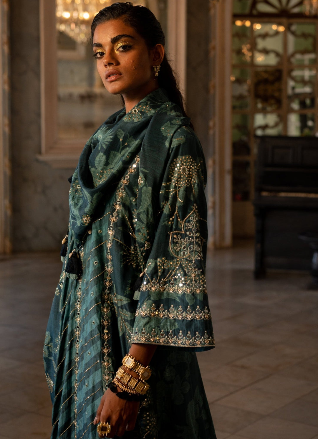 Teal Blue Silk Kurta Pants Set Paulmi and Harsh - Fabilicious Fashion