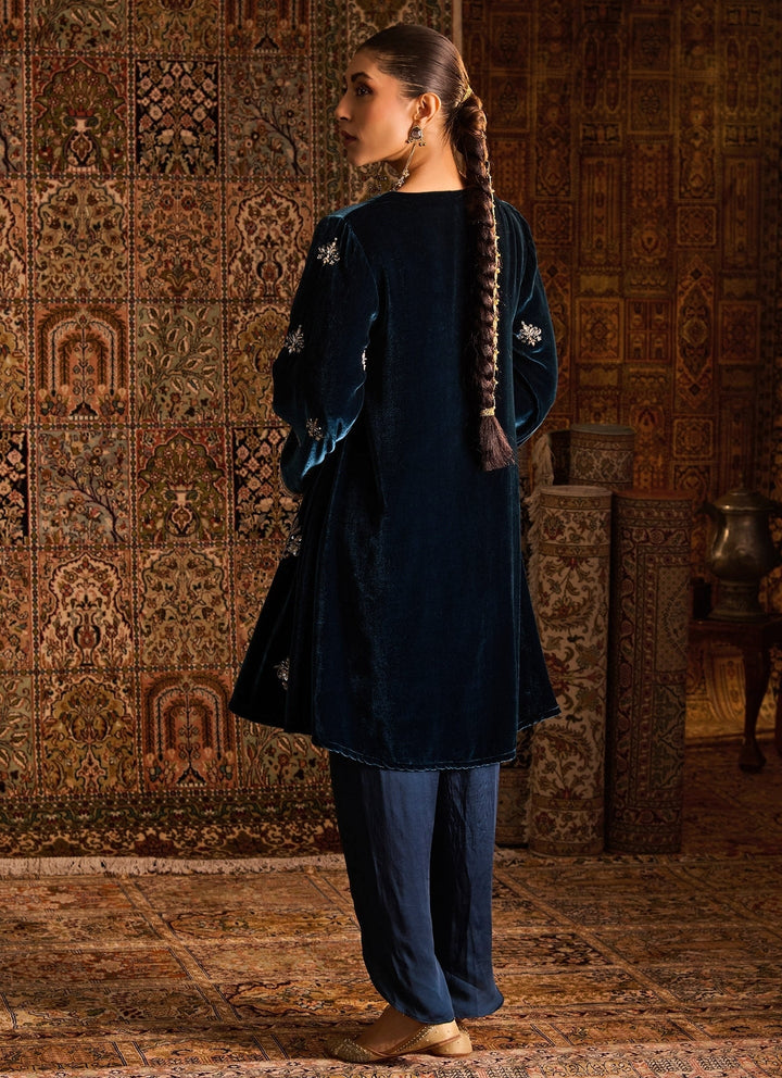 Zoon Tribe Teal Blue Silk Velvet Kurta Dhoti Set With Peach DupattaFabilicious Fashion