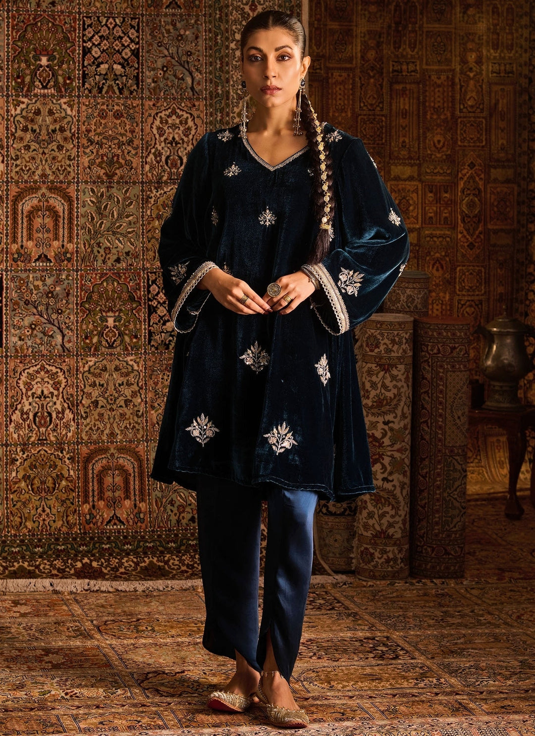 Zoon Tribe Teal Blue Silk Velvet Kurta Dhoti Set With Peach DupattaFabilicious Fashion