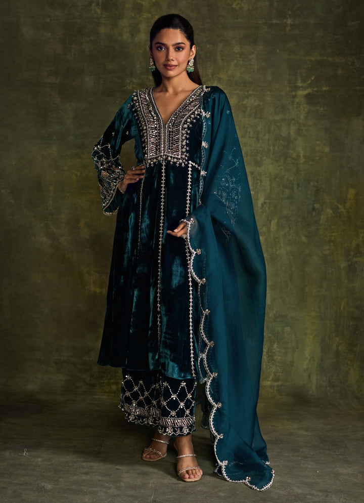 Teal Blue Velvet Embroidered Kurta Pants Set Sanya Gulati - Fabilicious Fashion