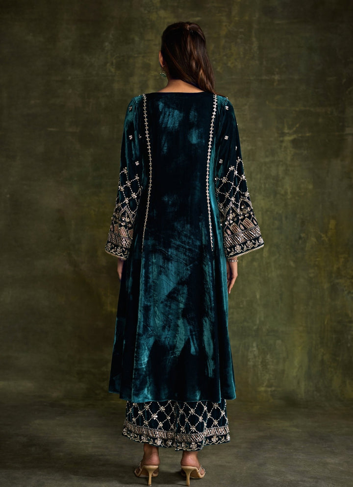Teal Blue Velvet Embroidered Kurta Pants Set Sanya Gulati - Fabilicious Fashion