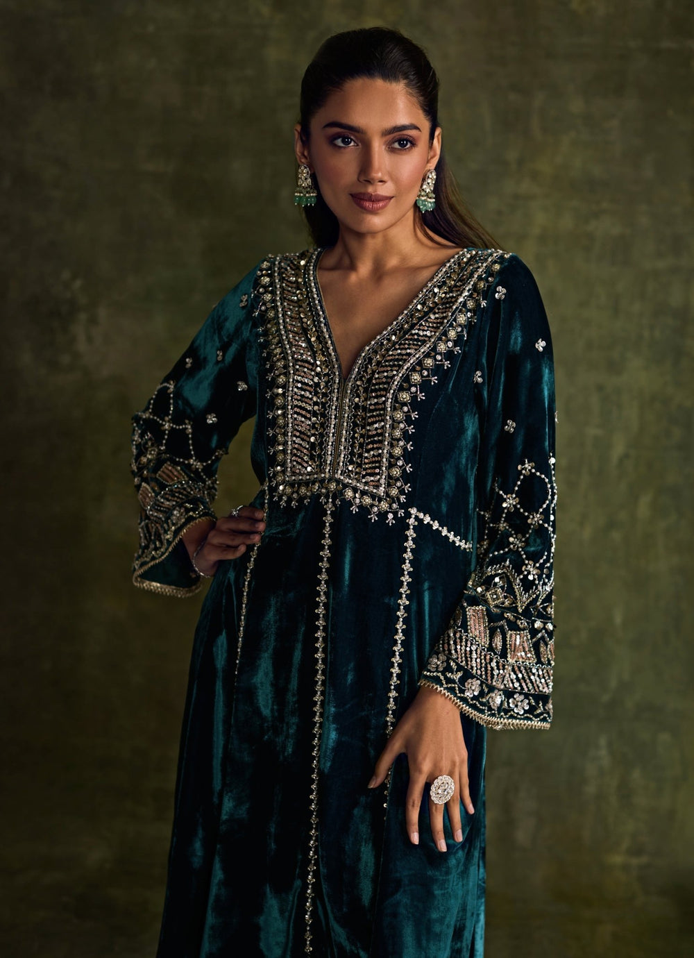 Teal Blue Velvet Embroidered Kurta Pants Set Sanya Gulati - Fabilicious Fashion