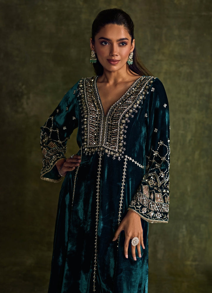 Teal Blue Velvet Embroidered Kurta Pants Set Sanya Gulati - Fabilicious Fashion