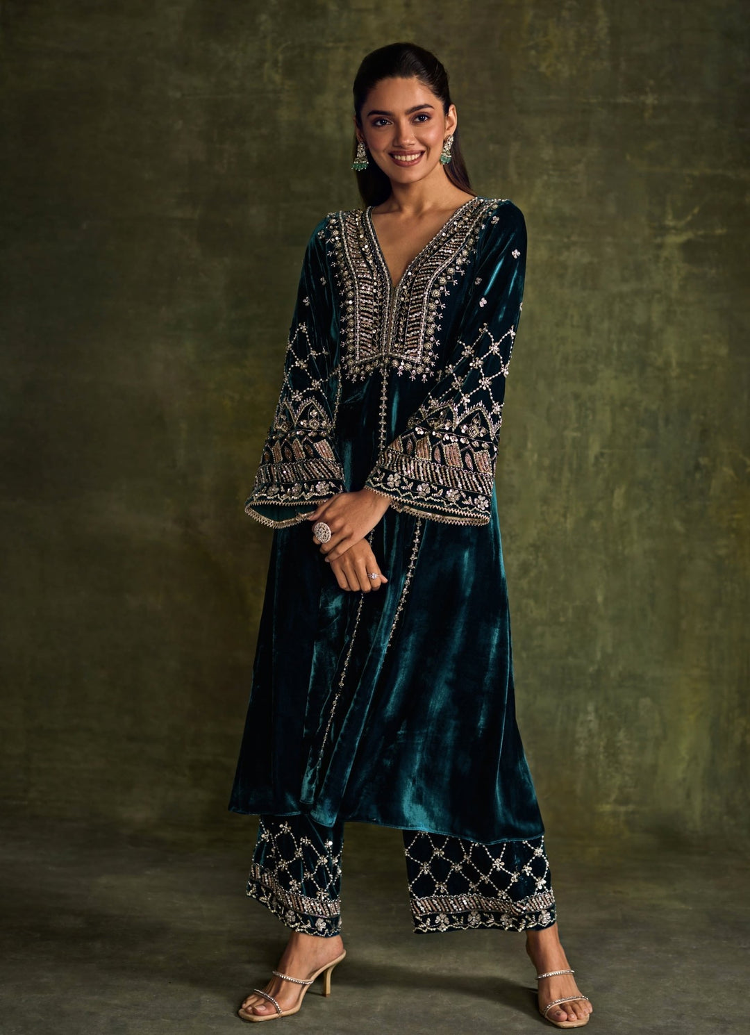 Teal Blue Velvet Embroidered Kurta Pants Set Sanya Gulati - Fabilicious Fashion