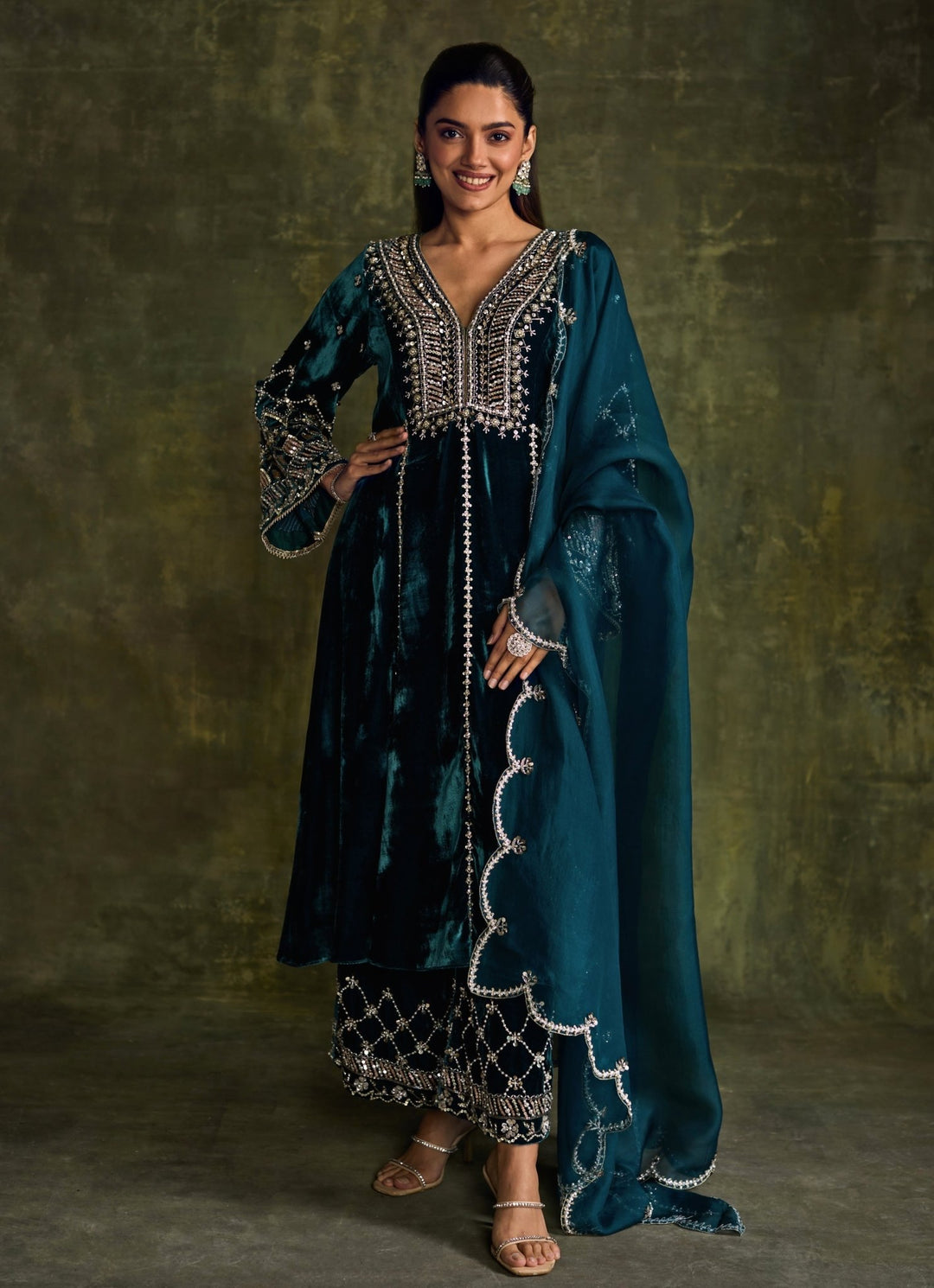 Teal Blue Velvet Embroidered Kurta Pants Set Sanya Gulati - Fabilicious Fashion