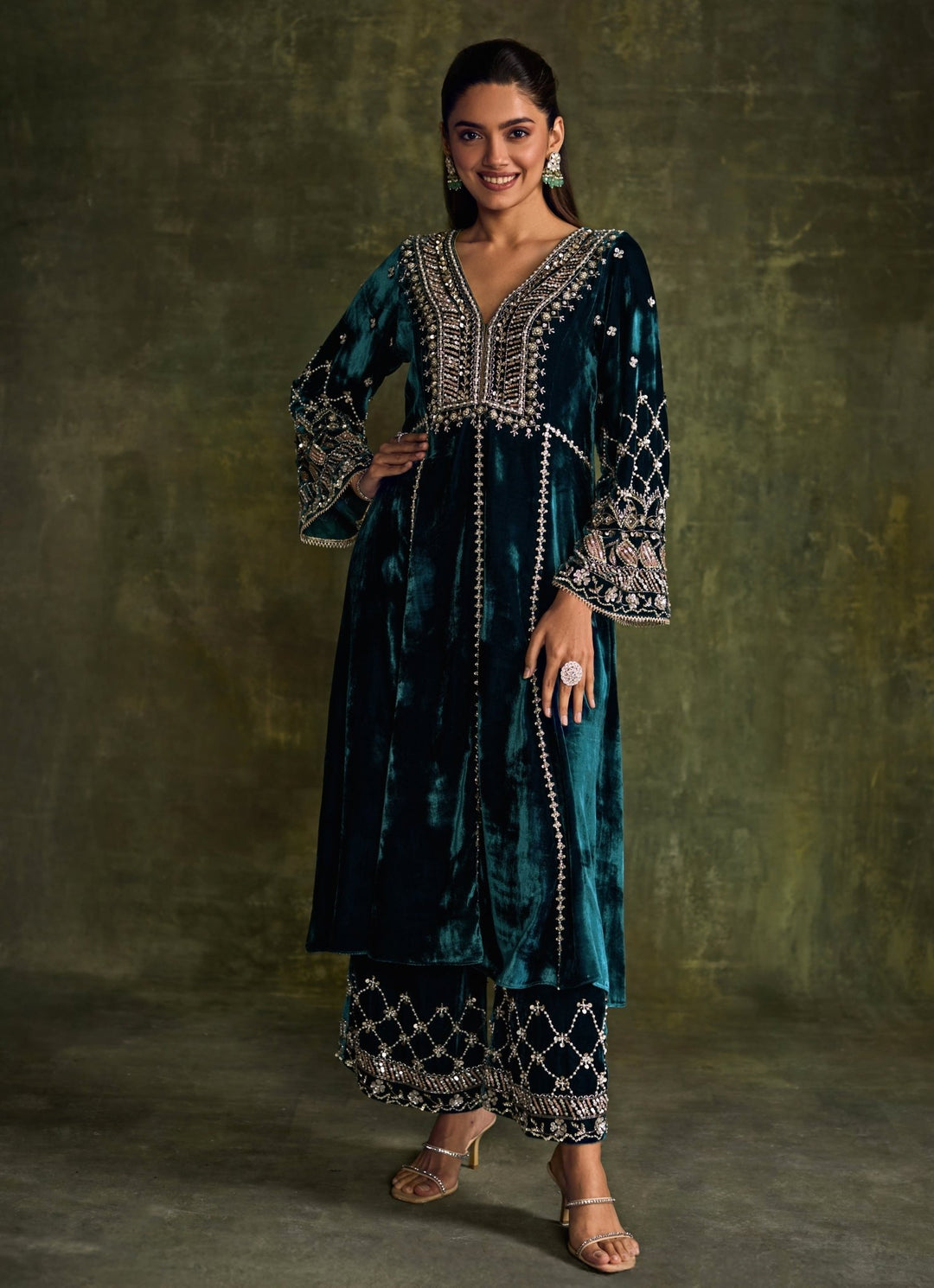 Teal Blue Velvet Embroidered Kurta Pants Set Sanya Gulati - Fabilicious Fashion