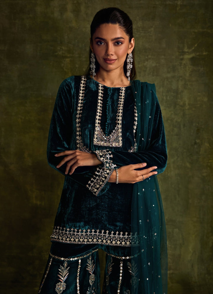 Teal Blue Velvet Embroidered Kurta Sharara Set Sanya Gulati - Fabilicious Fashion