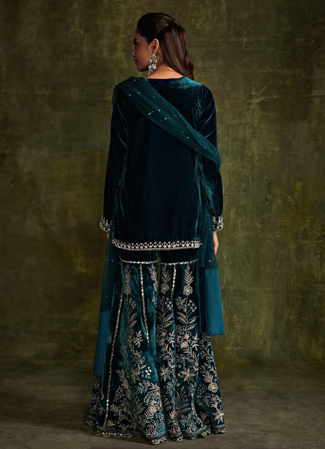 Teal Blue Velvet Embroidered Kurta Sharara Set Sanya Gulati - Fabilicious Fashion