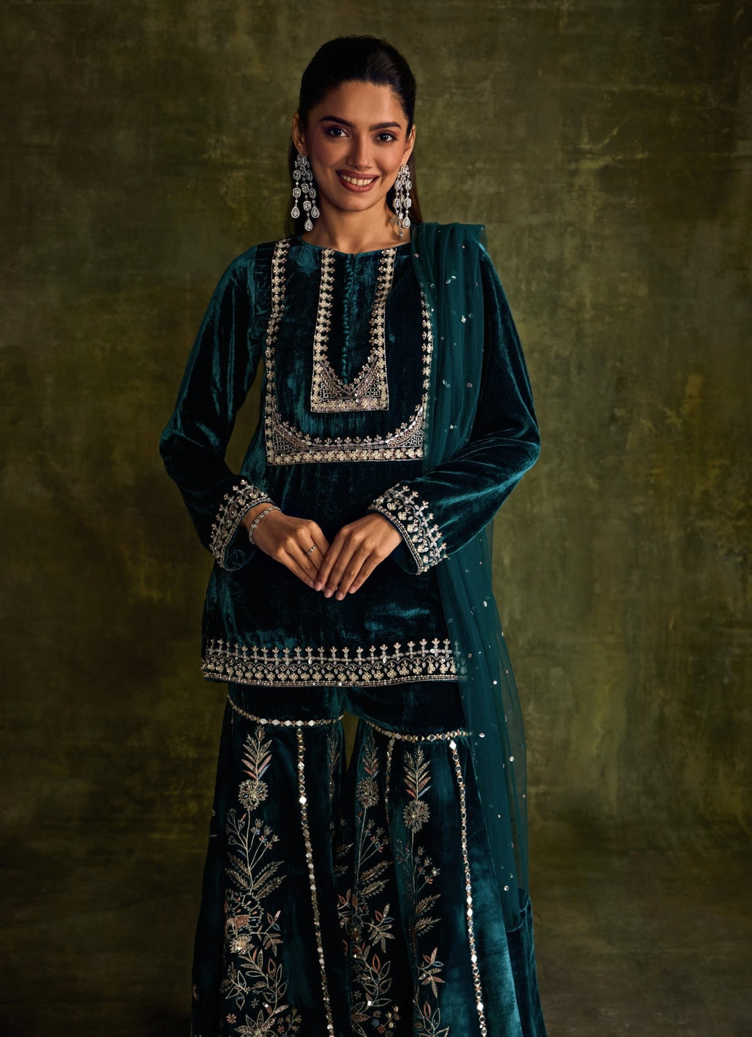 Teal Blue Velvet Embroidered Kurta Sharara Set Sanya Gulati - Fabilicious Fashion