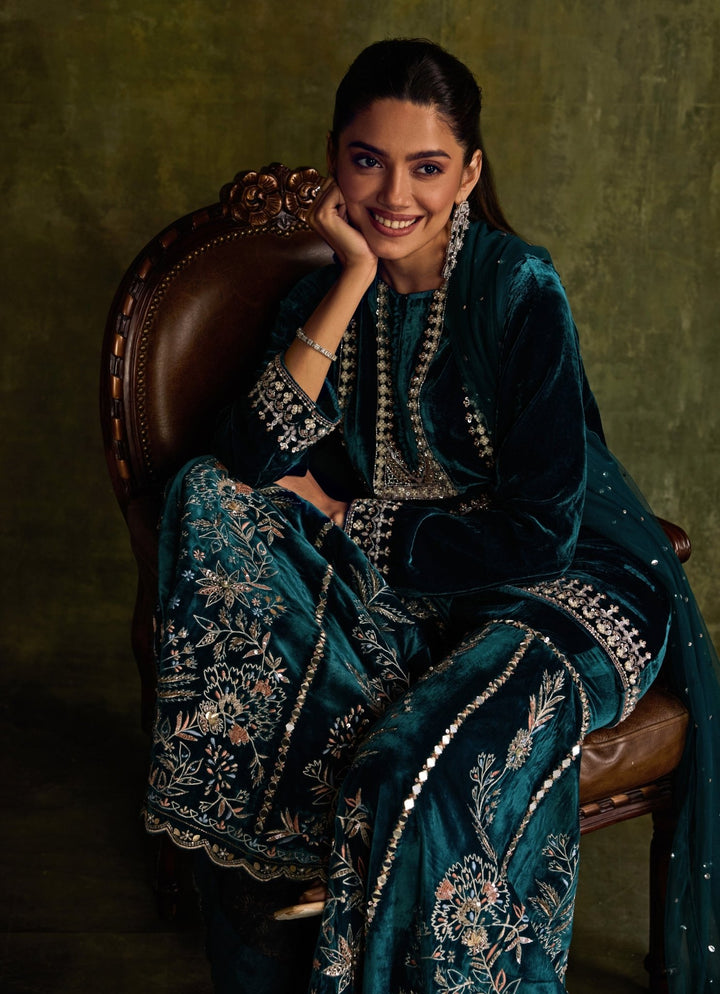 Teal Blue Velvet Embroidered Kurta Sharara Set Sanya Gulati - Fabilicious Fashion