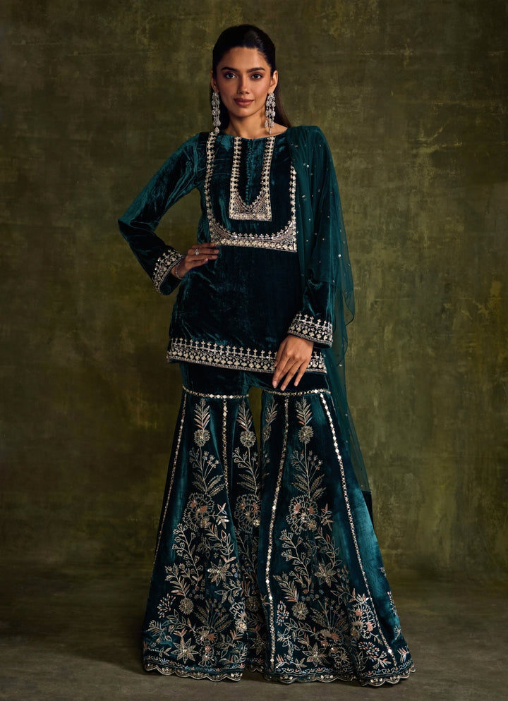 Teal Blue Velvet Embroidered Kurta Sharara Set Sanya Gulati - Fabilicious Fashion