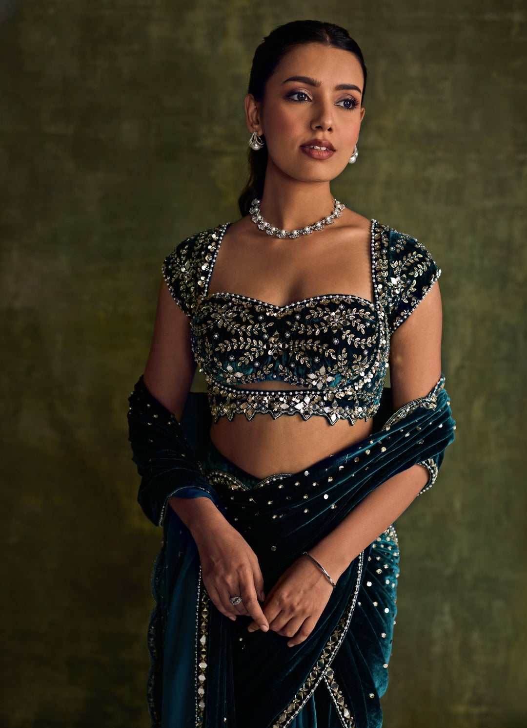 Teal Blue Velvet Embroidered Pre - Draped Saree Sanya Gulati - Fabilicious Fashion