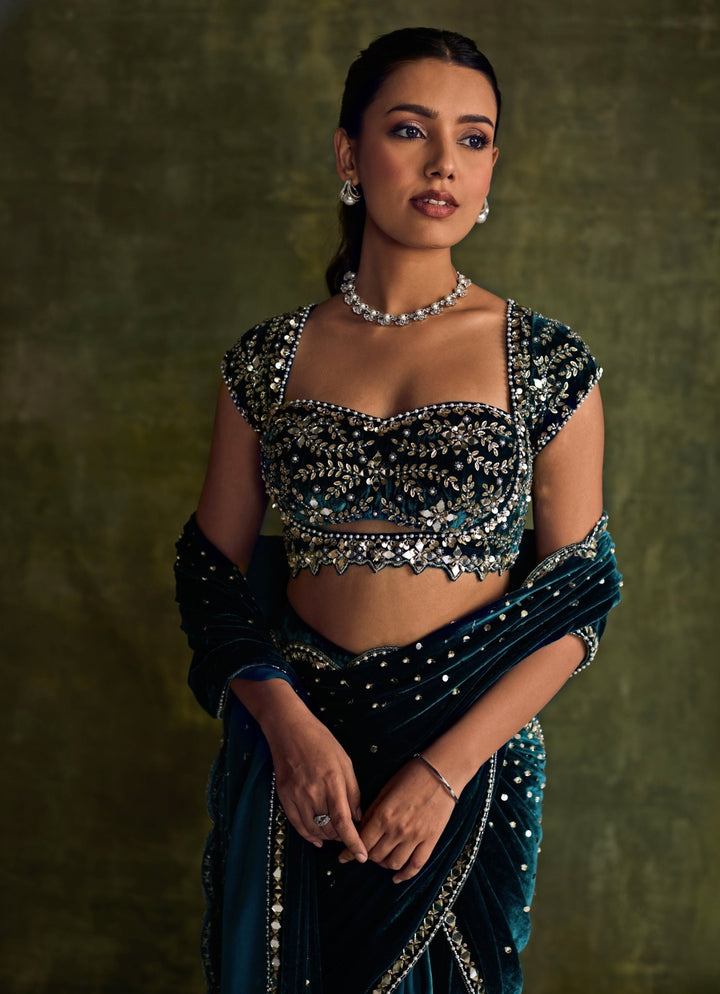 Teal Blue Velvet Embroidered Pre - Draped Saree Sanya Gulati - Fabilicious Fashion