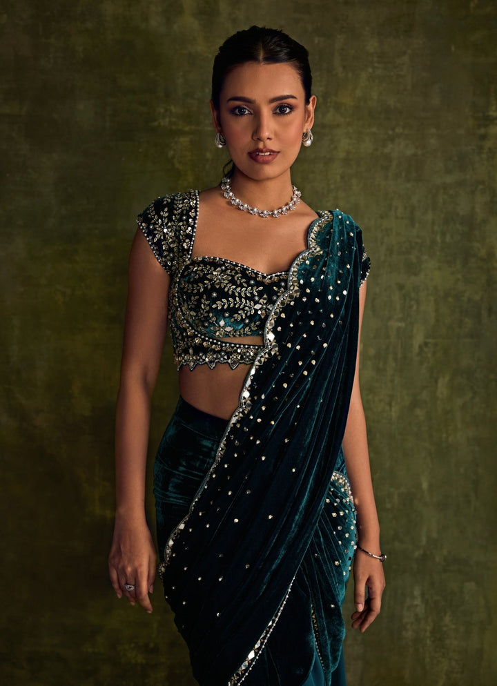 Teal Blue Velvet Embroidered Pre - Draped Saree Sanya Gulati - Fabilicious Fashion