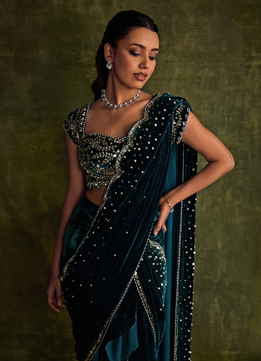 Teal Blue Velvet Embroidered Pre - Draped Saree Sanya Gulati - Fabilicious Fashion