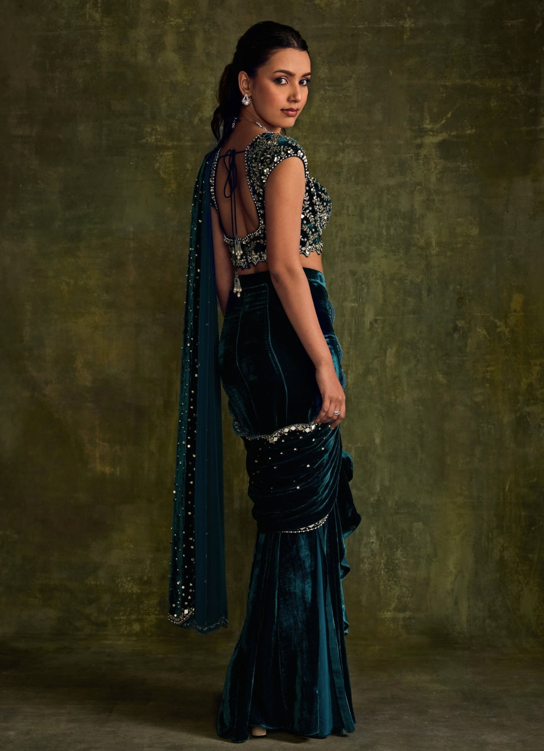 Teal Blue Velvet Embroidered Pre - Draped Saree Sanya Gulati - Fabilicious Fashion