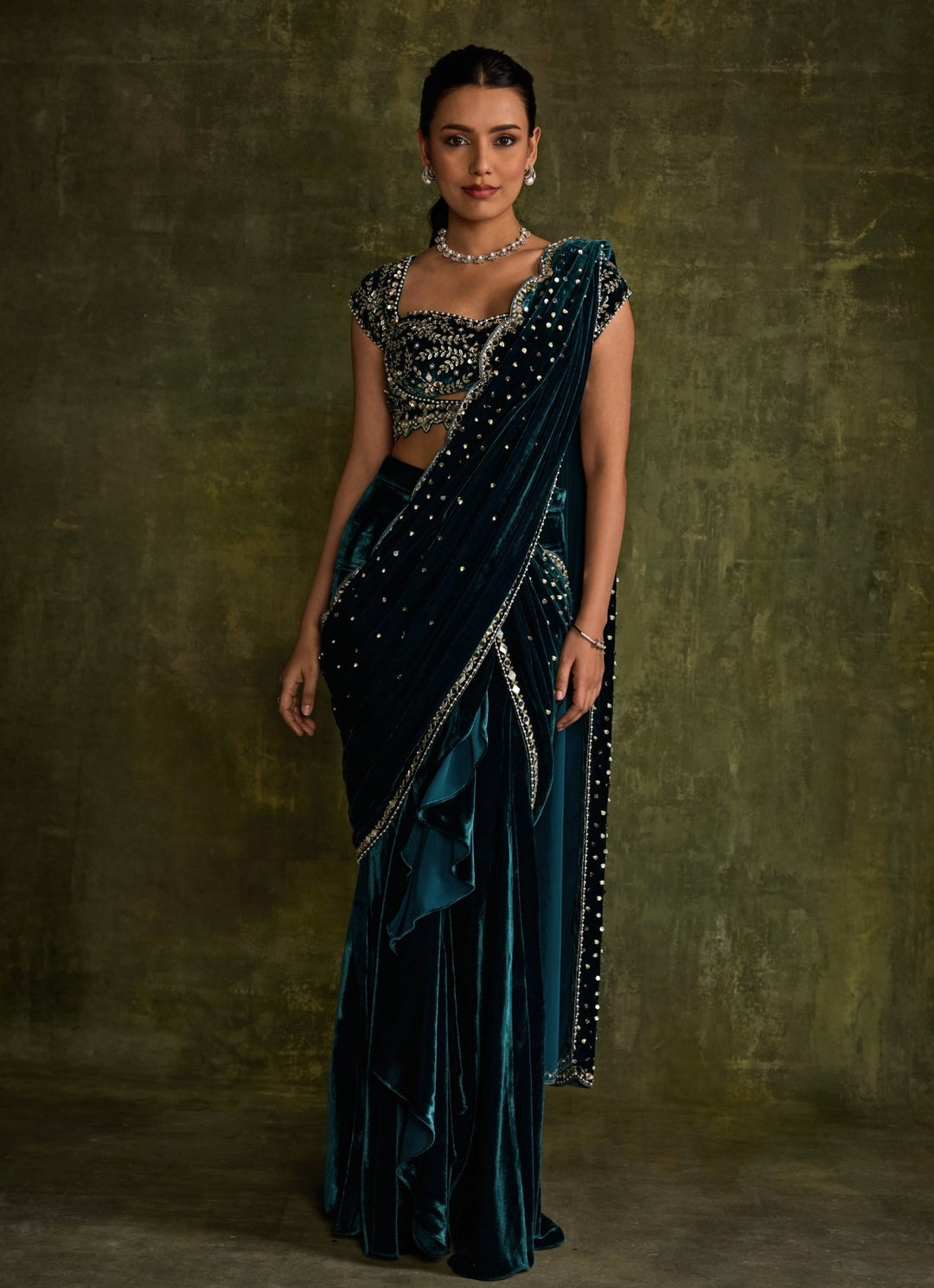 Teal Blue Velvet Embroidered Pre - Draped Saree Sanya Gulati - Fabilicious Fashion