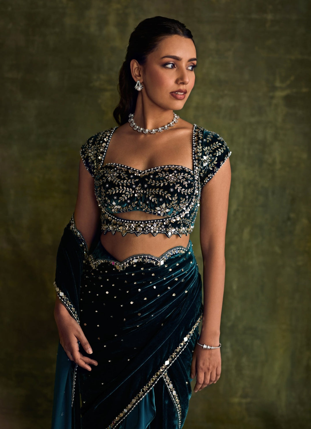 Teal Blue Velvet Embroidered Pre - Draped Saree Sanya Gulati - Fabilicious Fashion