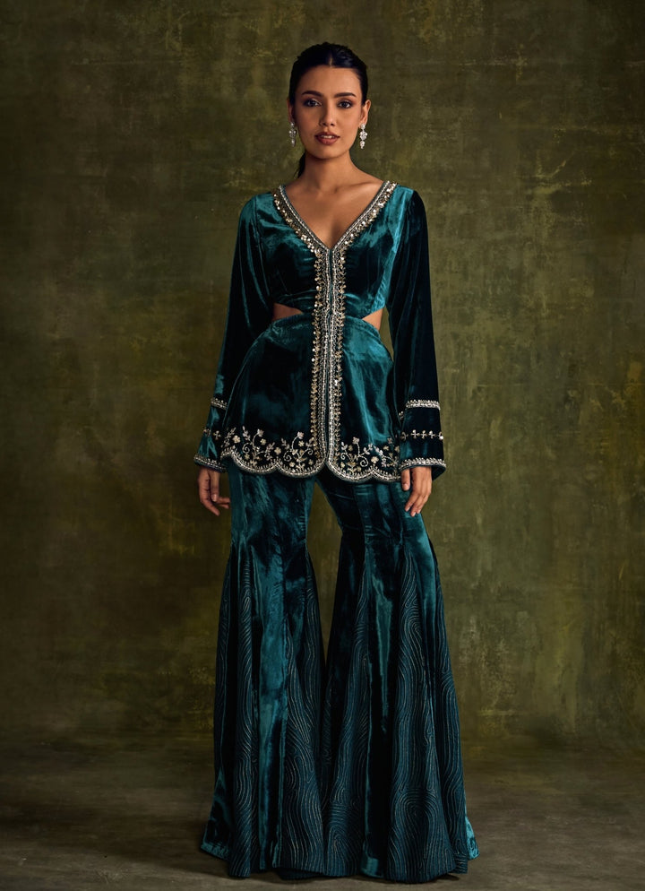 Teal Blue Velvet Peplum Kurta Pants Set Sanya Gulati - Fabilicious Fashion