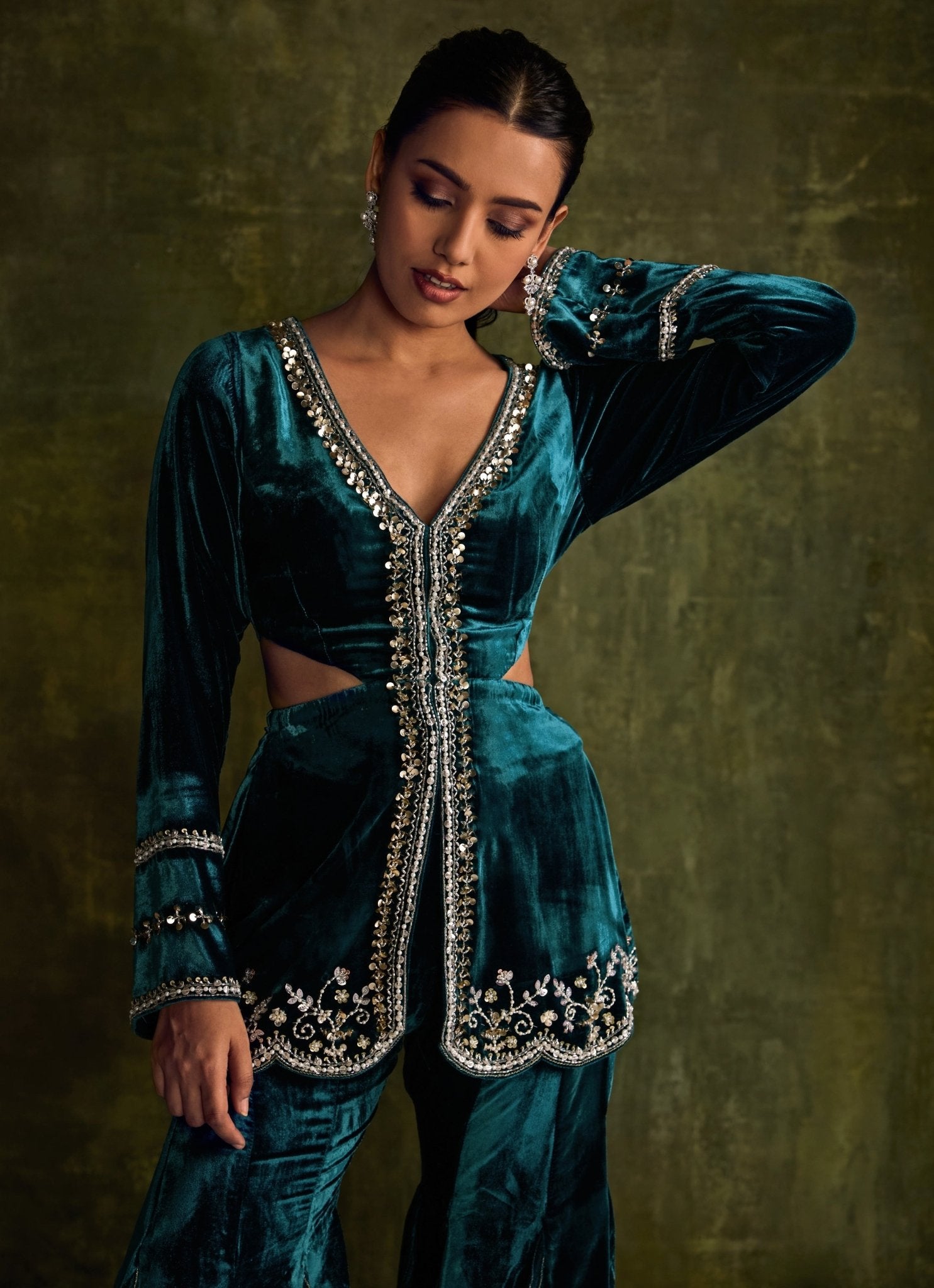 Teal blue velvet peplum kurta set for Indian wedding guest