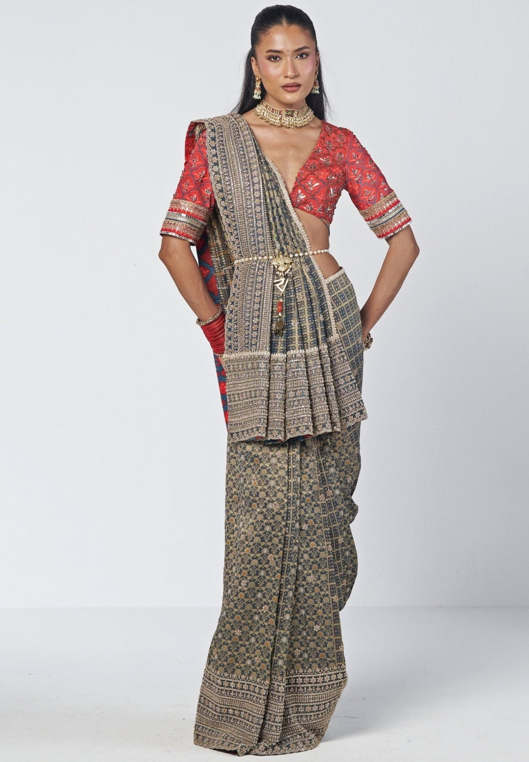 Rishi and Vibhuti Teal Brocade Silk Saree And Red BlouseFabilicious Fashion