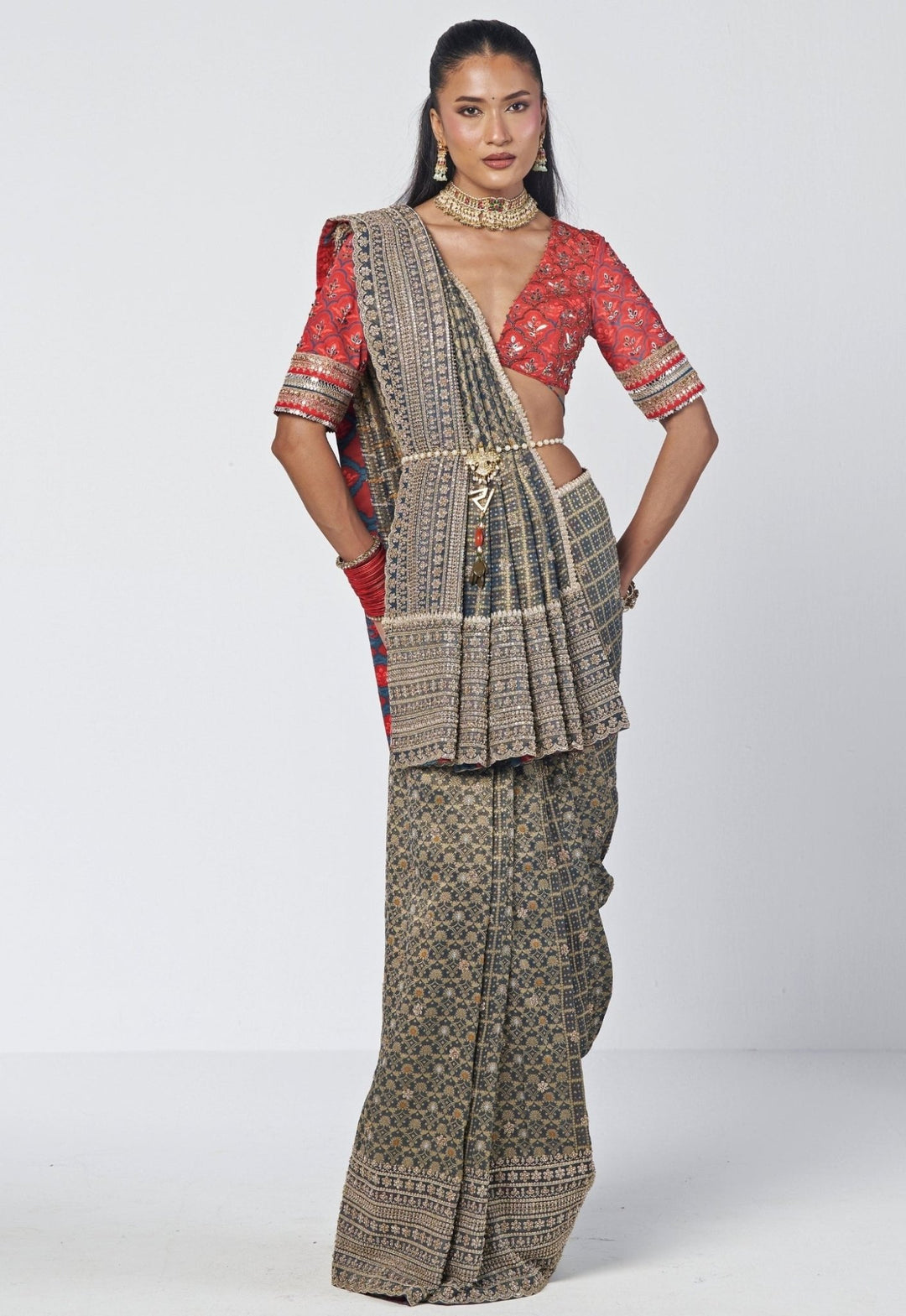 Rishi and Vibhuti Teal Brocade Silk Saree And Red BlouseFabilicious Fashion