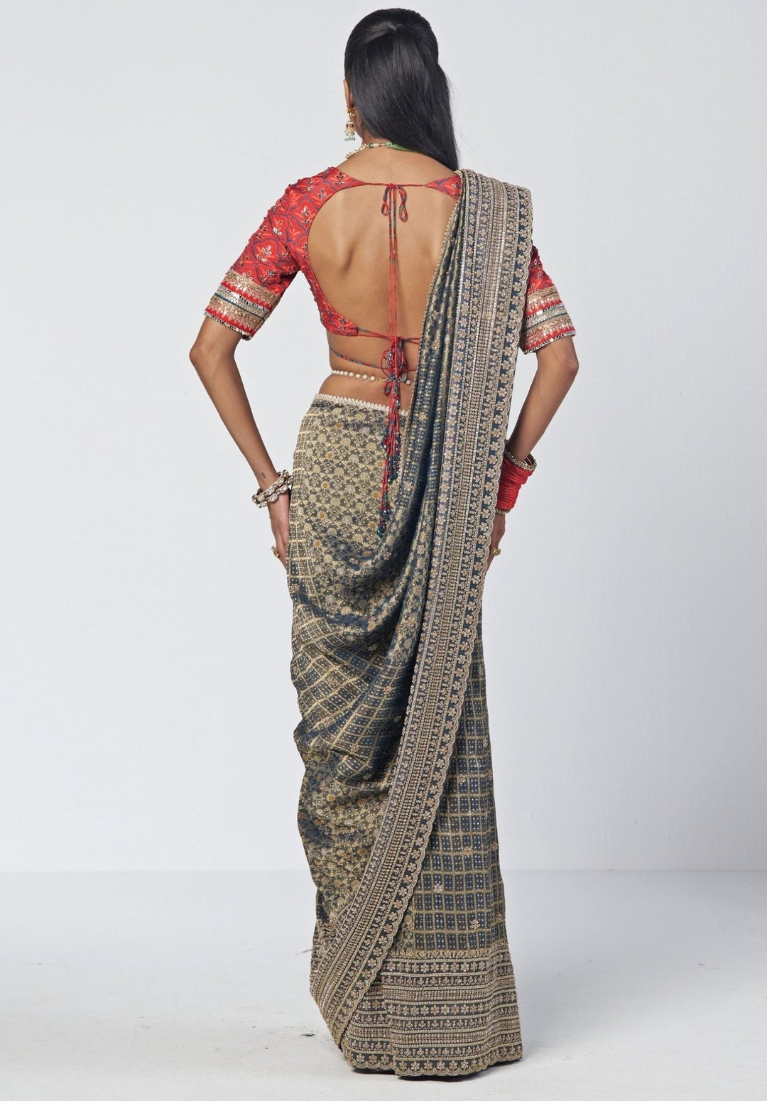 Rishi and Vibhuti Teal Brocade Silk Saree And Red BlouseFabilicious Fashion