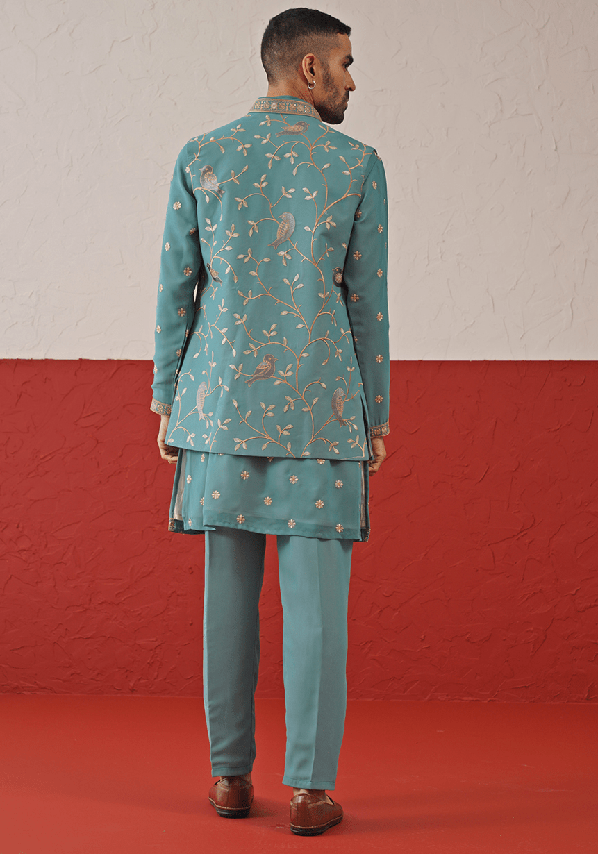 Teal Embroidered Kurta Set With Jacket Kalpraag - Fabilicious Fashion