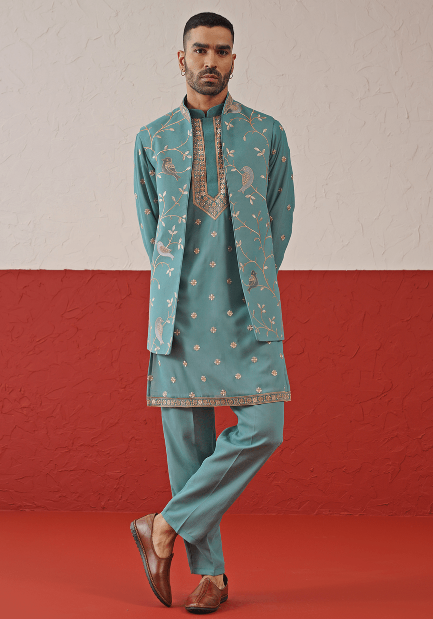 Teal Embroidered Kurta Set With Jacket Kalpraag - Fabilicious Fashion