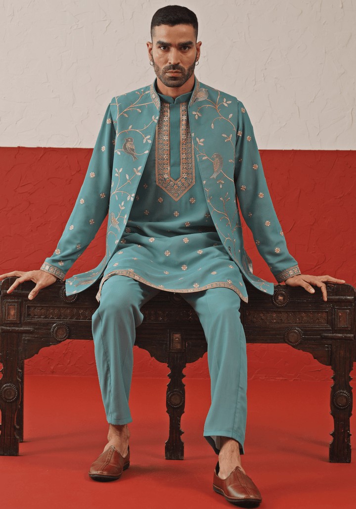 Teal Embroidered Kurta Set With Jacket Kalpraag - Fabilicious Fashion